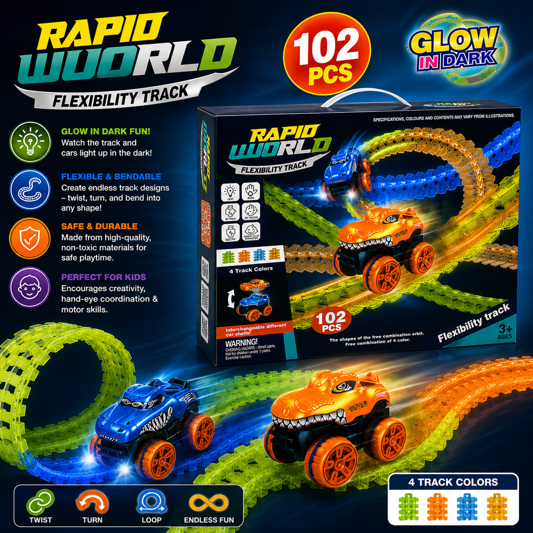 Build, Twist & Race with the 102PCS Dino Track Set!