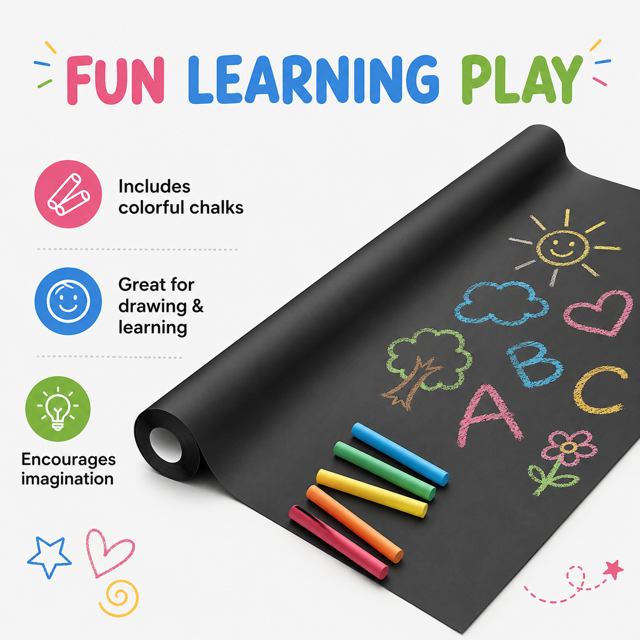 Black Chalkboard Paper Roll with Colorful Chalks