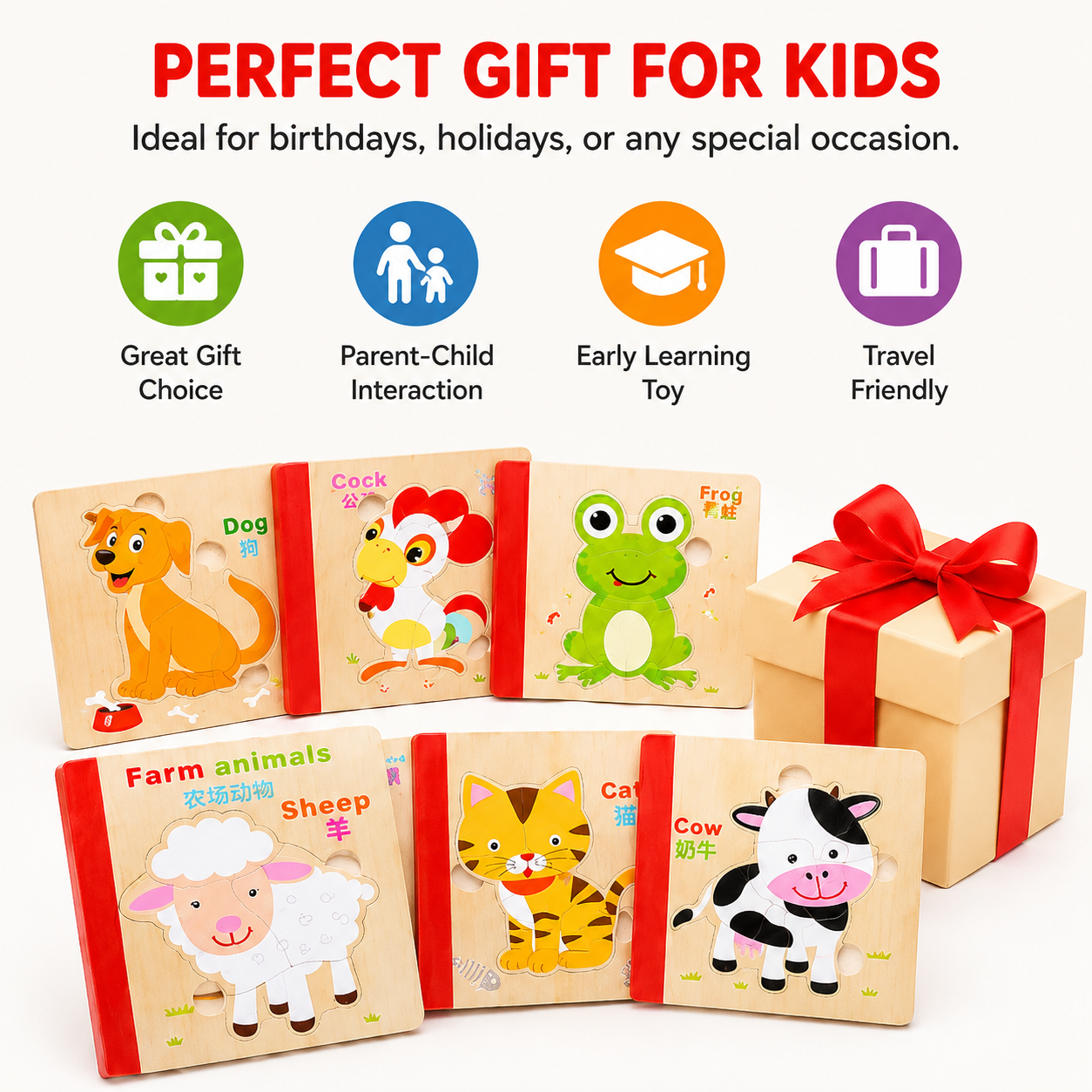 Wooden Farm Animals Book Puzzle for Kids