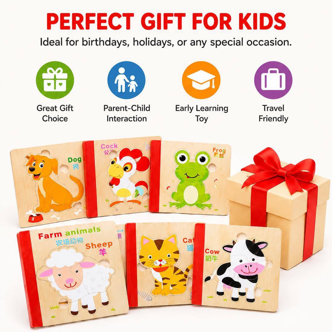 Wooden Farm Animals Book Puzzle for Kids