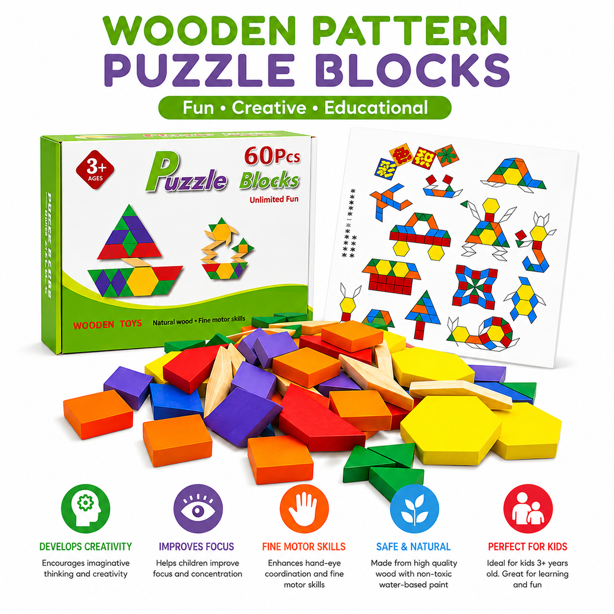 60 Pieces Wooden Puzzle Blocks Set