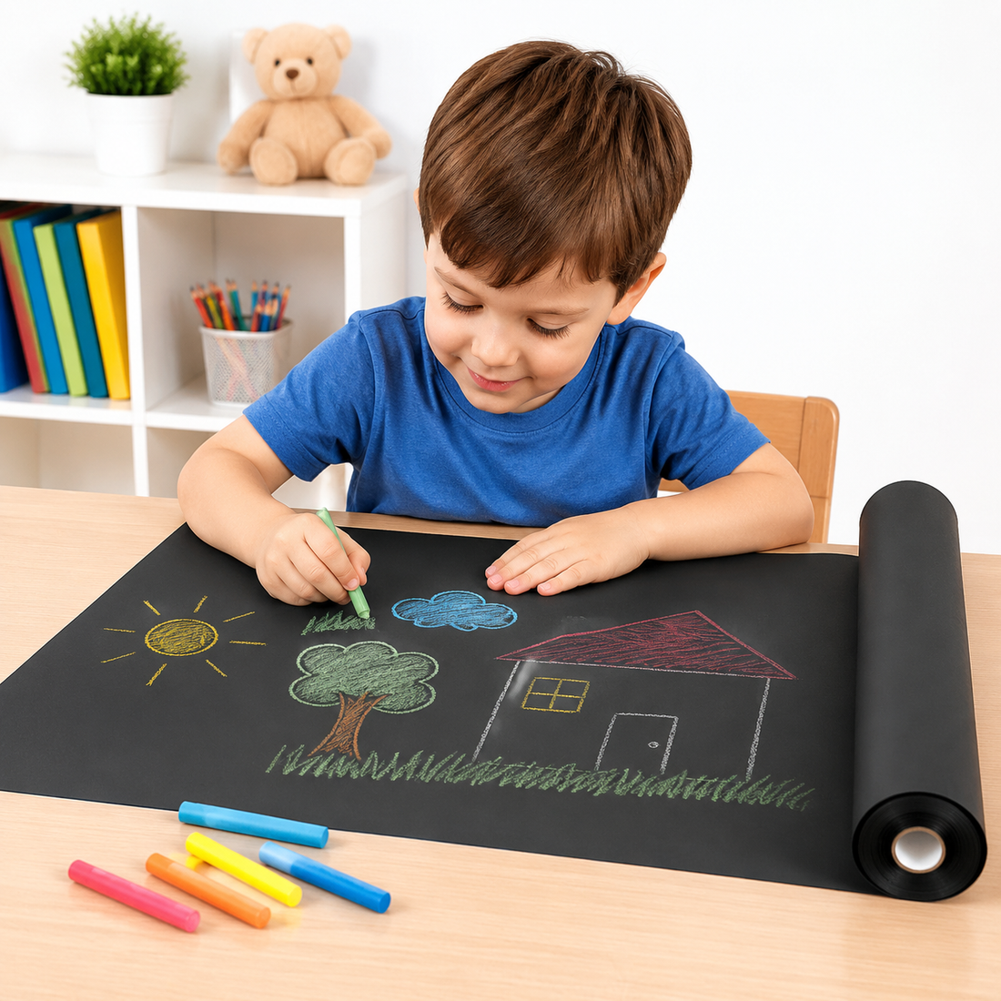 Black Chalkboard Paper Roll with Colorful Chalks
