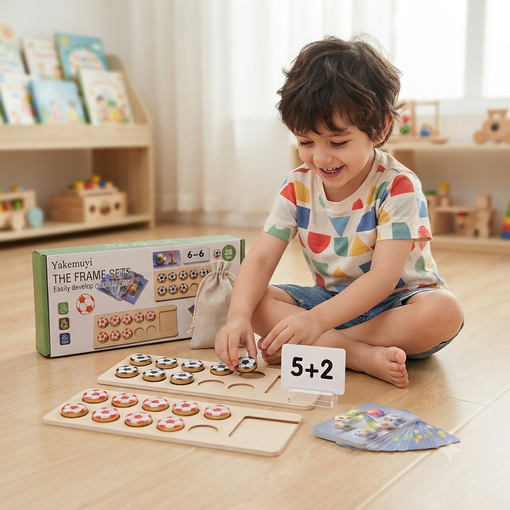 kids wooden math counting frame game with number cards