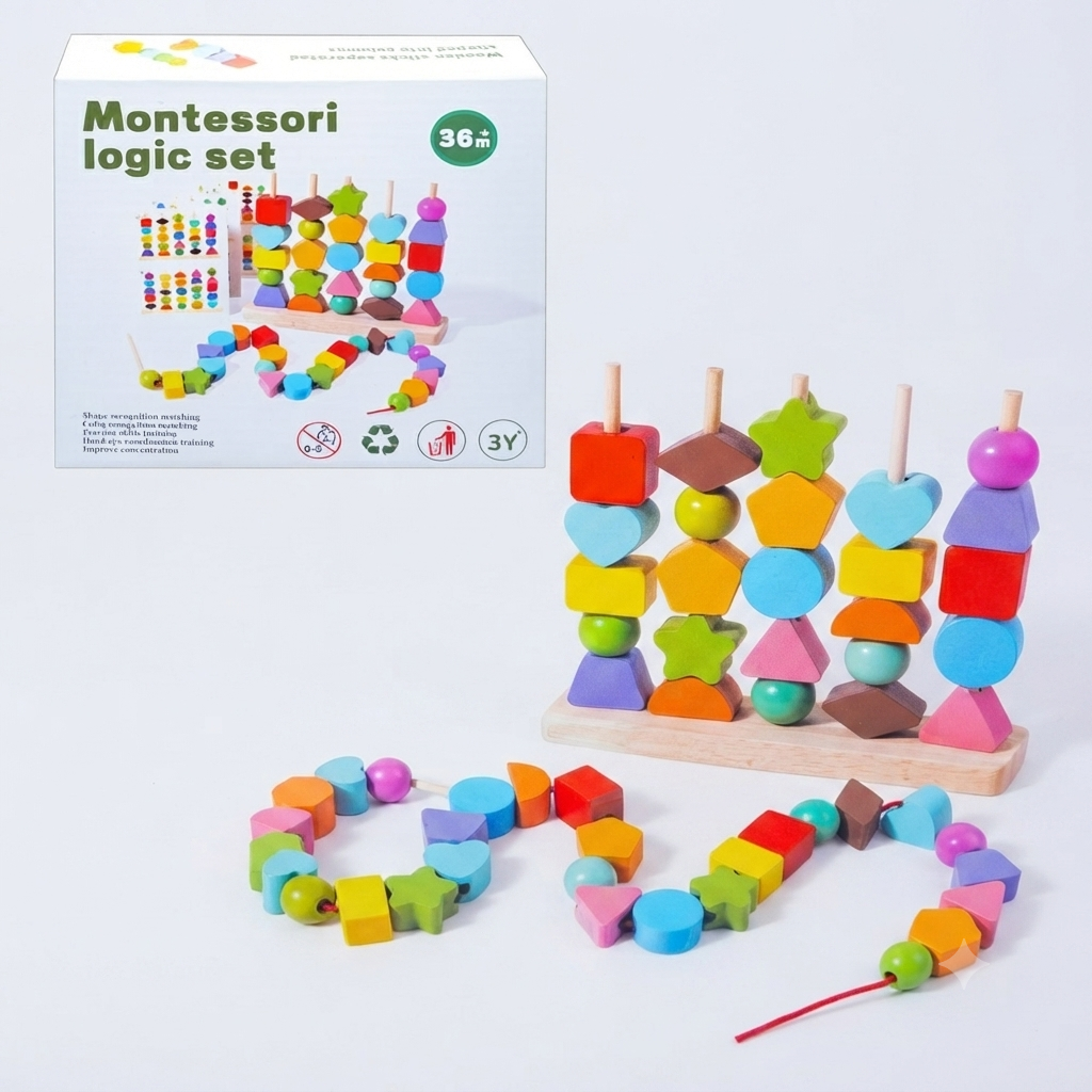 Montessori Wooden Logic Beads & Shape Sorting Set