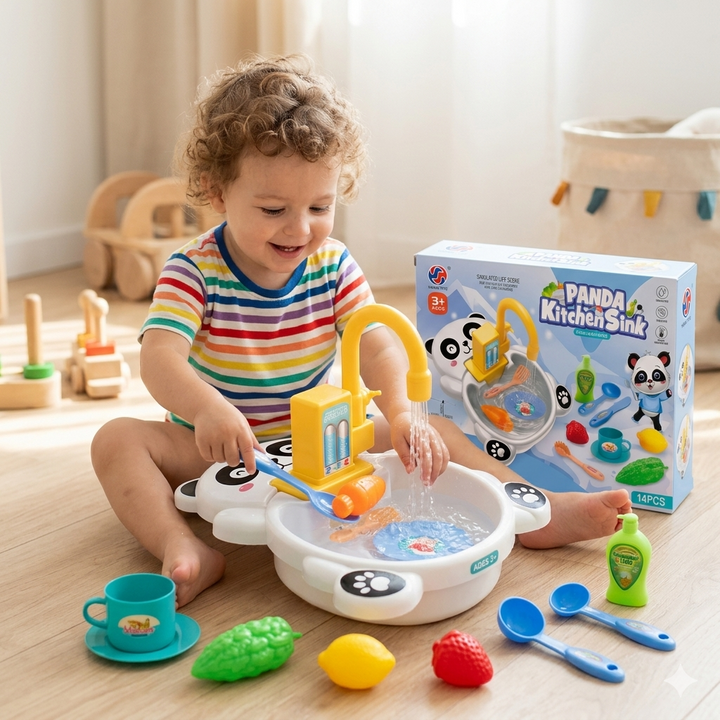 Panda Kitchen Sink Toy with Running Water for Kids